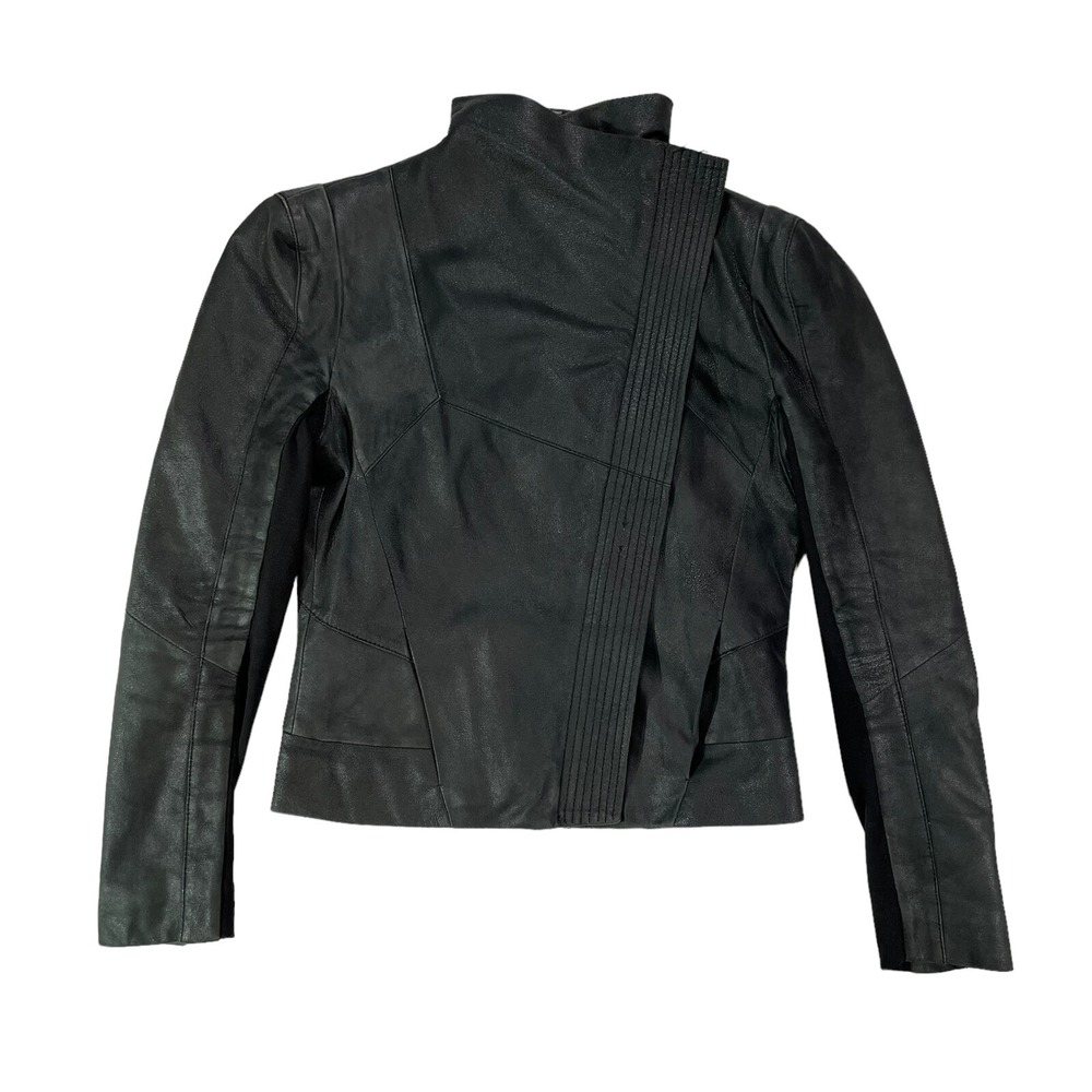 Maje Febbie Draped Leather Jacket Black Asymmetrical Moto Biker Size 38